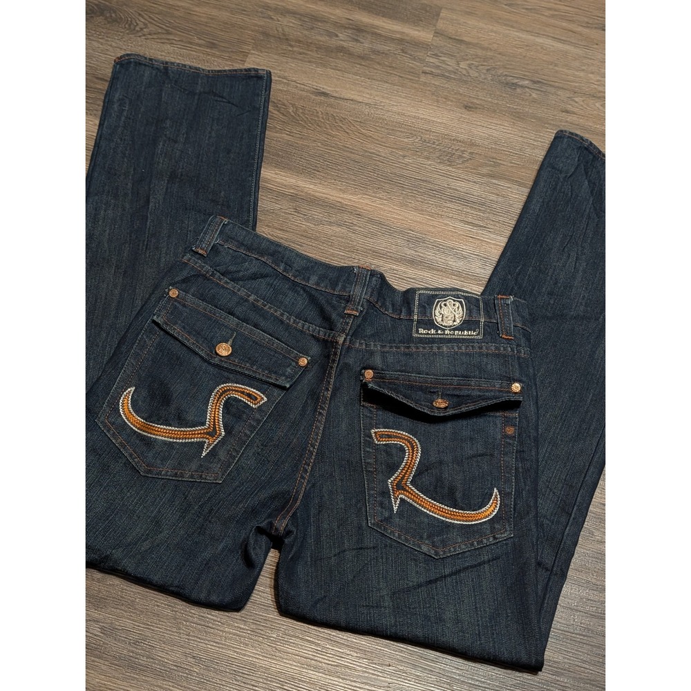 Rock & Republic Mens 34 Dark Wash Bootcut Jeans Embroidered Flap Pocket Denim